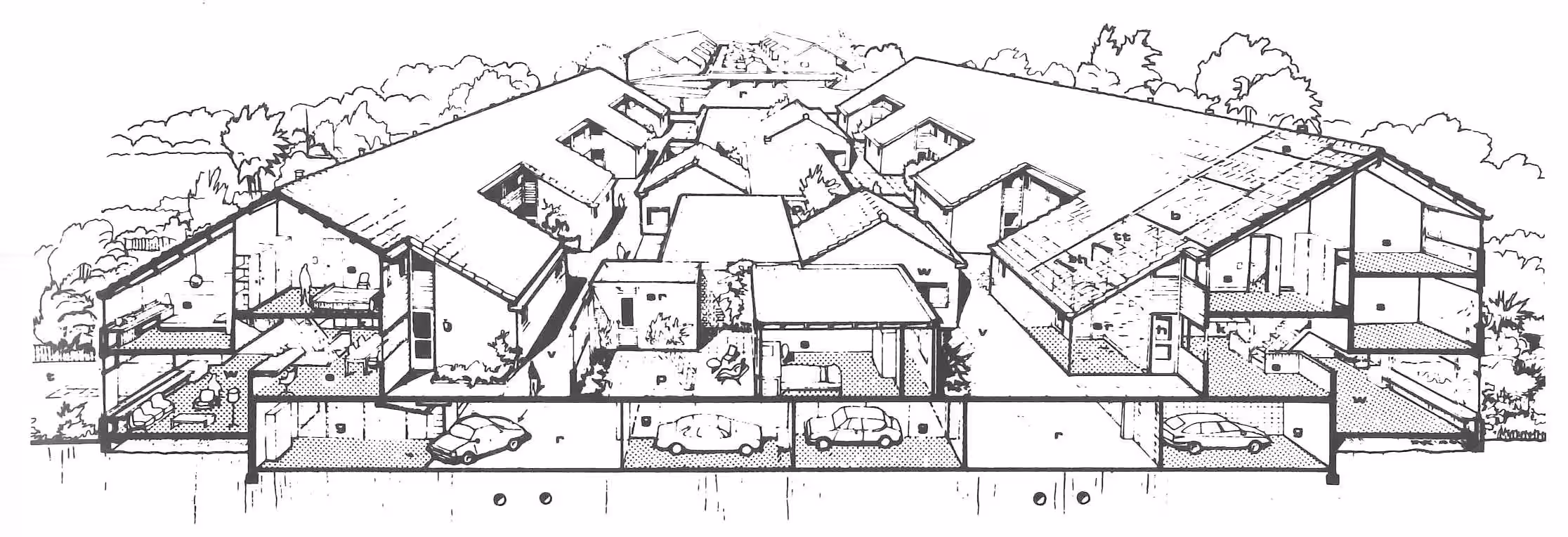 Schets en dwarsdoorsnede van woonhuizen waarbij de auto onder de grond in een garage staat.