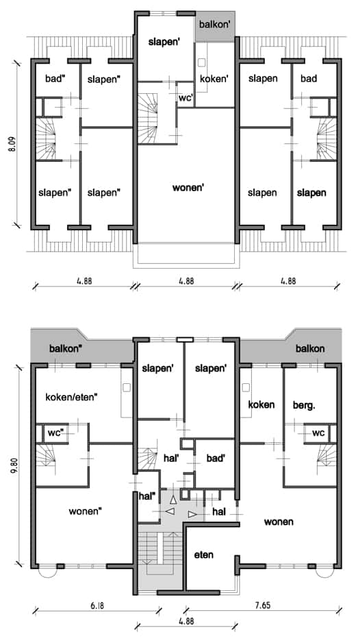 Plattegrond van appartementen met slaapruimtes, woonruimtes, bad en keuken.