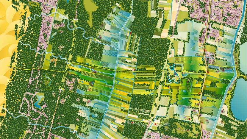Fragment mozaïekkaart studiegebied Duivenvoorde, op de overgang van Nationaal Park Hollandse Duinen naar het Groene hart. De kaart toont op abstract wijze hoe een mogelijke combinatie van bouwstenen en inrichtingsmaatregelen eruit kan zien.
