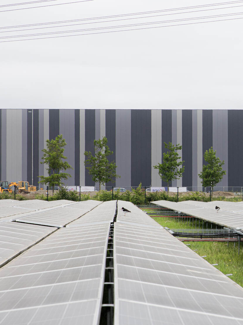 Zonnepanelen op de voorgrond, distributiecentrum op de achtergrond