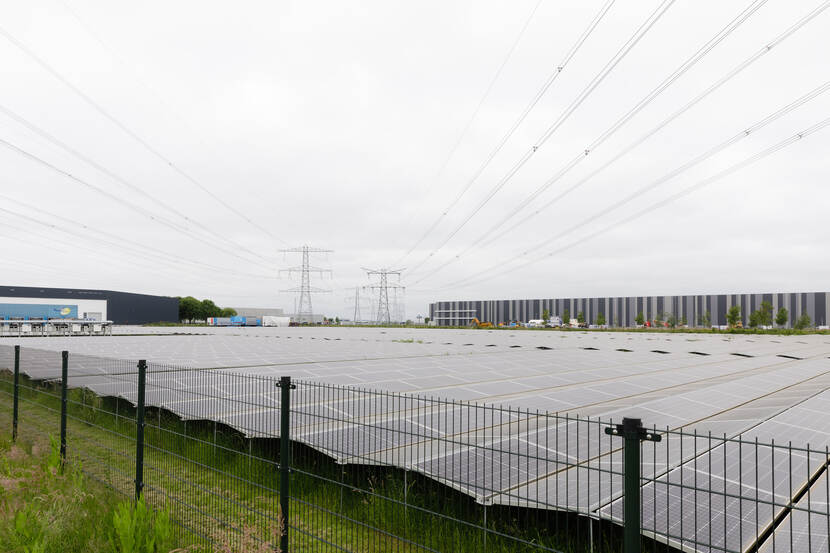 Een veld vol met zonnepanelen, in de lucht elektriciteitsdraden die naar elektriciteitsmasten toe gaan, op de achtergrond een distributiecentrum