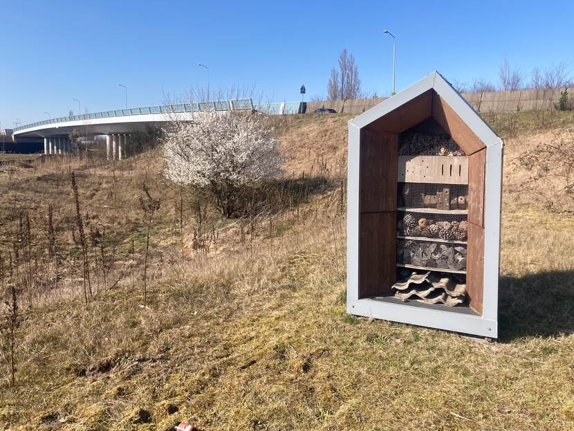 Een insectenhotel met op de achtergrond een grote weg