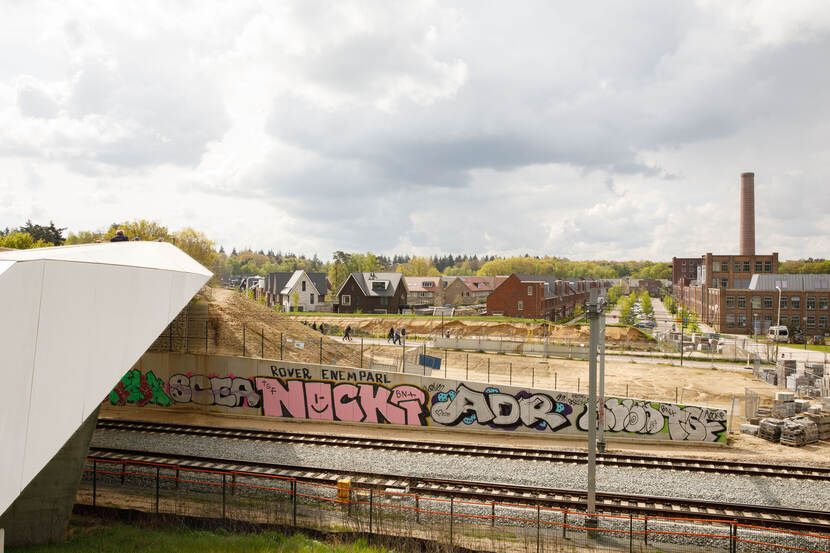 Een spoorweg met graffiti op de voorgrond, huizen en industrie op de achtergrond