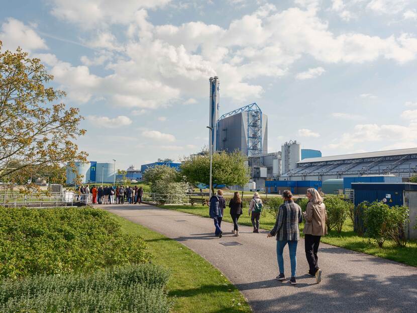 Tientallen deelnemers lopen over een wandelpad richting de industrie