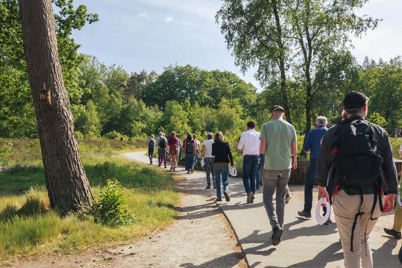 Een groep mensen loopt op een verharde weg door het bos