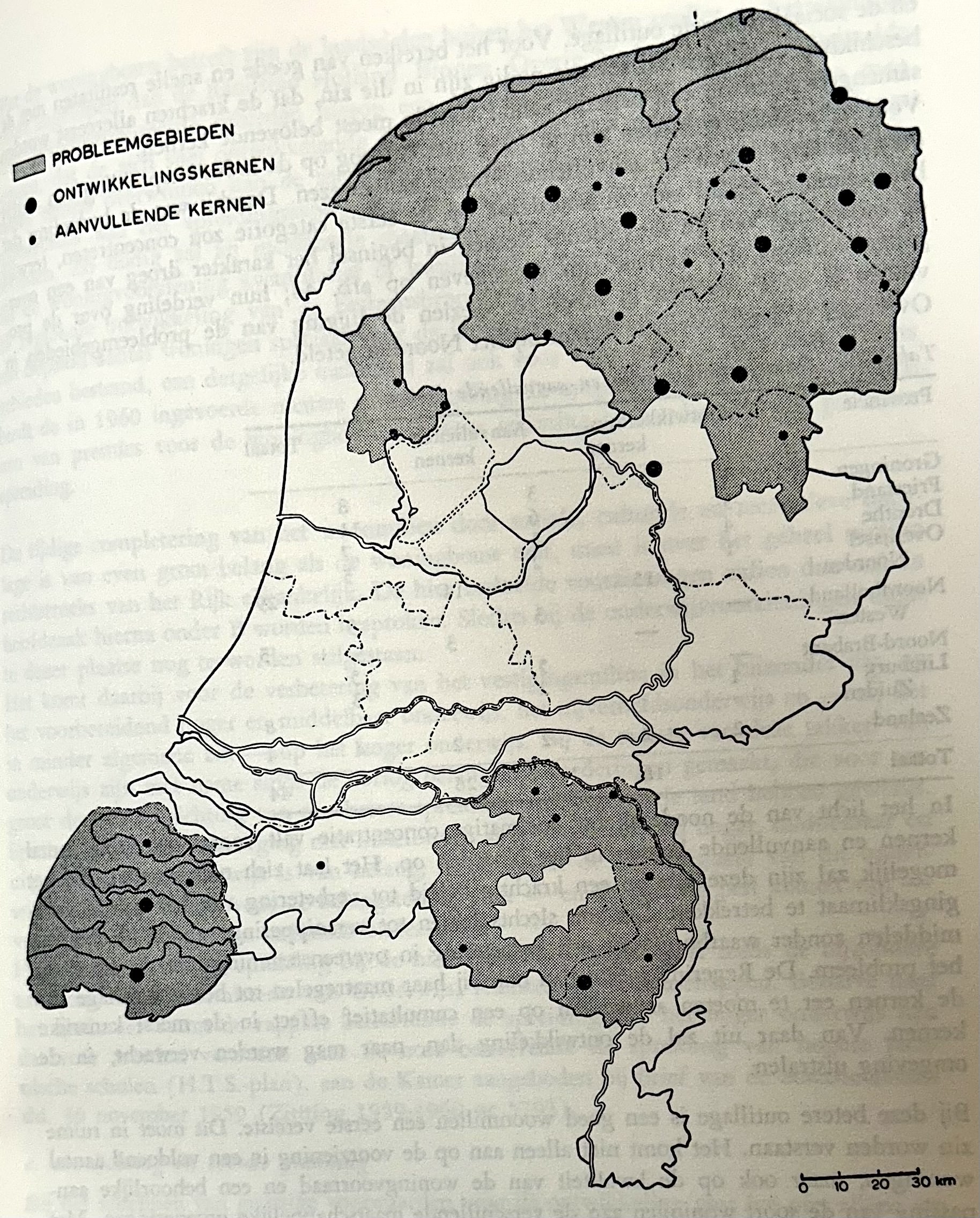 Map of problem areas, development cores and supplementary cores from the Eerste Nota over de Ruimtelijke Ordening (1960).